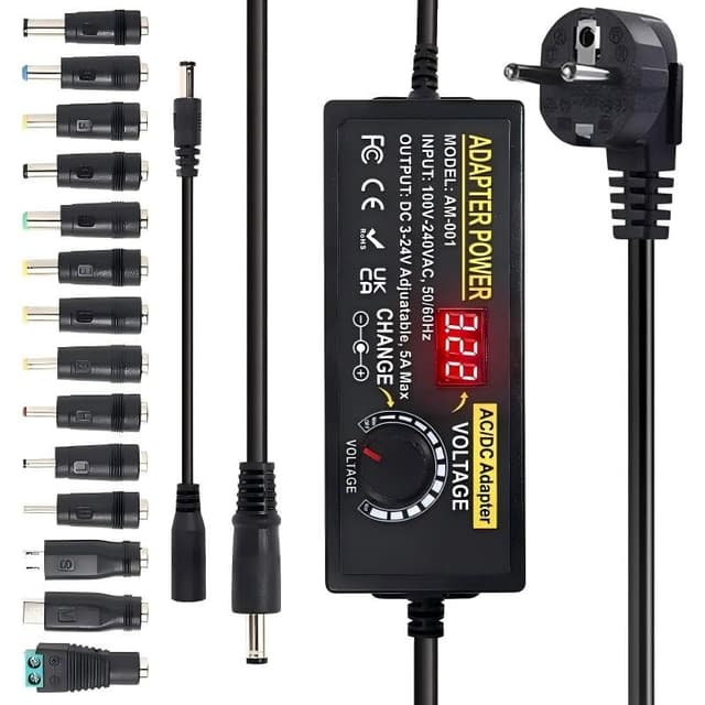 Einstellbares Netzadapter 3-24V 5A 120W, Universal Netzteil 5A 120W Verstellbarer Netzteil Adapter, 100V-240V AC zu DC 5A Netzteil mit LED Spannungsanzeige und 5,5x2,5mm 14 Tipps & Polaritätskabel