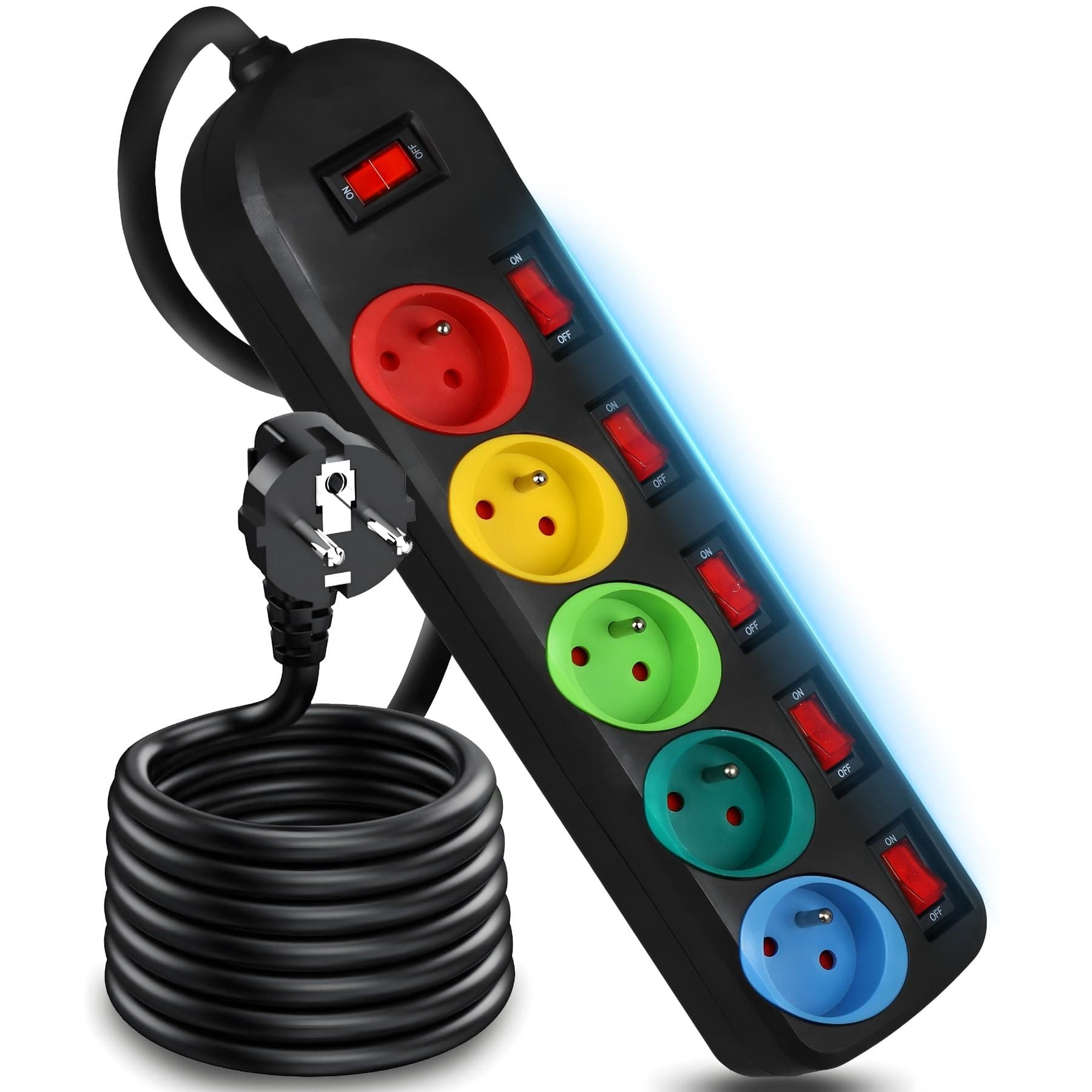 Retoo Steckdosenleiste 5-Fach mit Einzelschaltung 2m Verlängerungskabel, Tischsteckdose, Mehrfachsteckdose, Stromleiste mit Schalter, farbigen Fassungen, 2500W