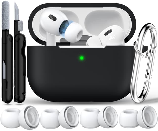 RFUNGUANGO Kompatibel mit AirPods Pro 2. Generation Hülle (2023/2022/2019), weicher Silikonschutz für AirPod Pro Hülle (USB-C/Lightning-Kabel) mit Reinigungsset und Ohrstöpseln, Schwarz A-Schwarz