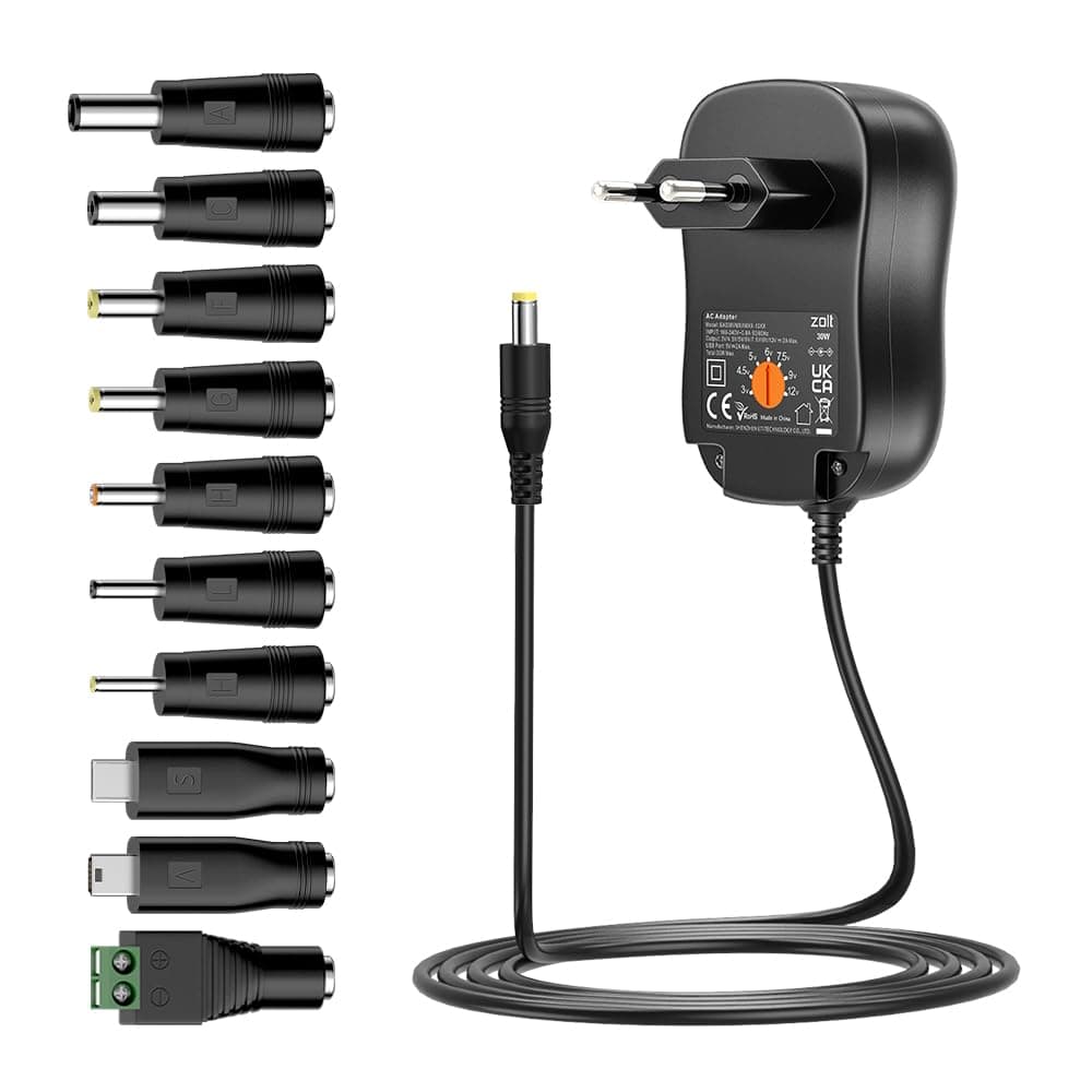 Zolt 30W Universal-Netzteil AC DC 3V 4.5V 5V 6V 7.5V 9V 12V 2A Netzteil, Multi-Voltage-Adapter mit 5V 2A USB Port und 10 DC Steckern für Haushaltselektronik, 2000mA max. Angebot bei HelloDeals