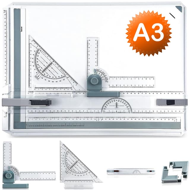 A3 Zeichenbrett, Geo-Board gz Platte, Multifunktionaler Zeichenplatte Din A3 Zeichenschiene mit Winkelmesser Papiersuchgerät Lineal Stützfuß für das Professionell Office Arbeiten Studenten (A3)