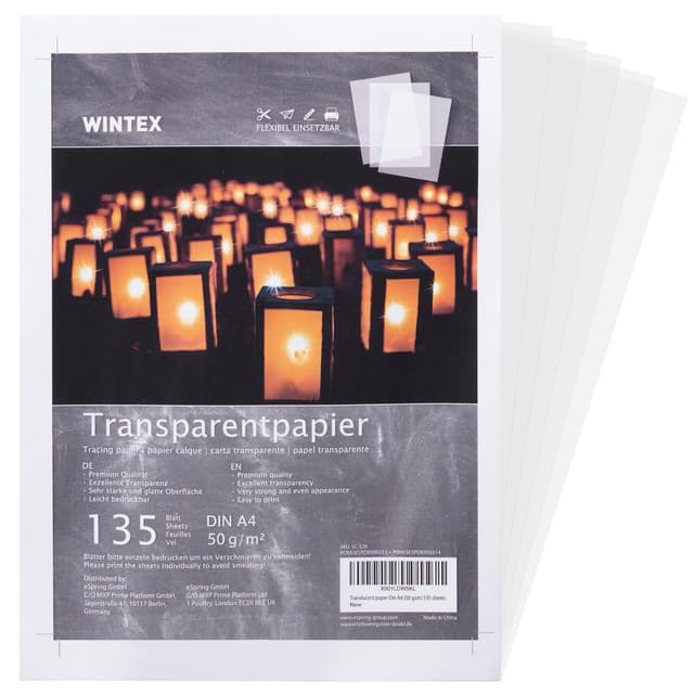 WINTEX Transparentpapier bedruckbar A4 135 Blatt 50g/m² - Transparentpapier weiß - Pergamentpapier zum Bedrucken - Architektenpapier bedruckbar - Pauspapier A4 - Tracing Paper A4-50 g/qm 135 Blatt