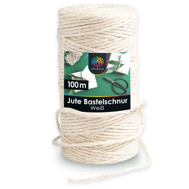 OfficeTree 100m Jutegarn 2mm Weiß - Bastelschnur Weiß - Kordel Weiß - Juteband Weiß für Garten Dekoration oder Basteln - Weiße Kordel - Weisse Schnur als Makramee Garn Weiß 2mm - Jute Twine