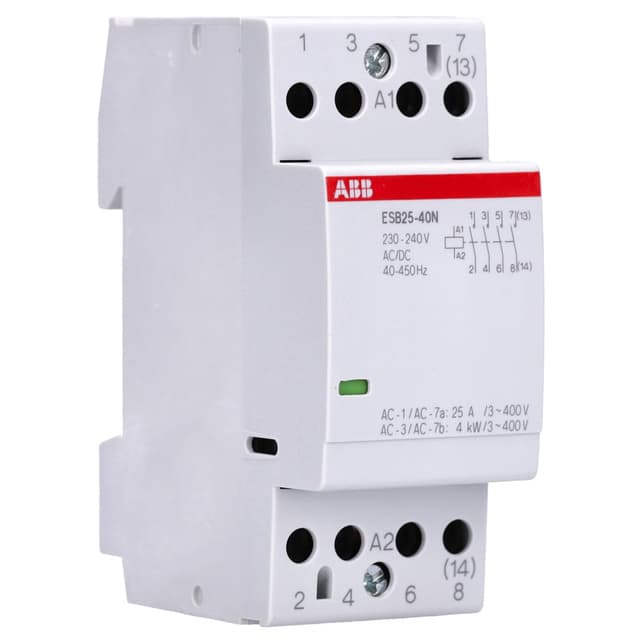 ABB ESB25-40N-06 Installationsschütz (Schließer) – 25 A 4 NO 230–240 V AC/DC 4-polig 36 mm für DIN-Hutschiene geräuscharm 1SAE231111R0640
