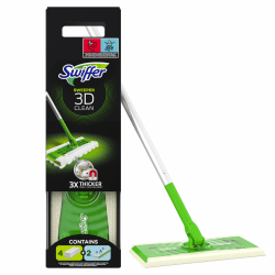 Swiffer Bodenwischer 3D Clean Starterkit, 1 Stab + 4 Trockene Bodentücher + 2 Feuchte Bodentücher, Set für Hartholz & Hartböden, entfernt Staub & Schmutz