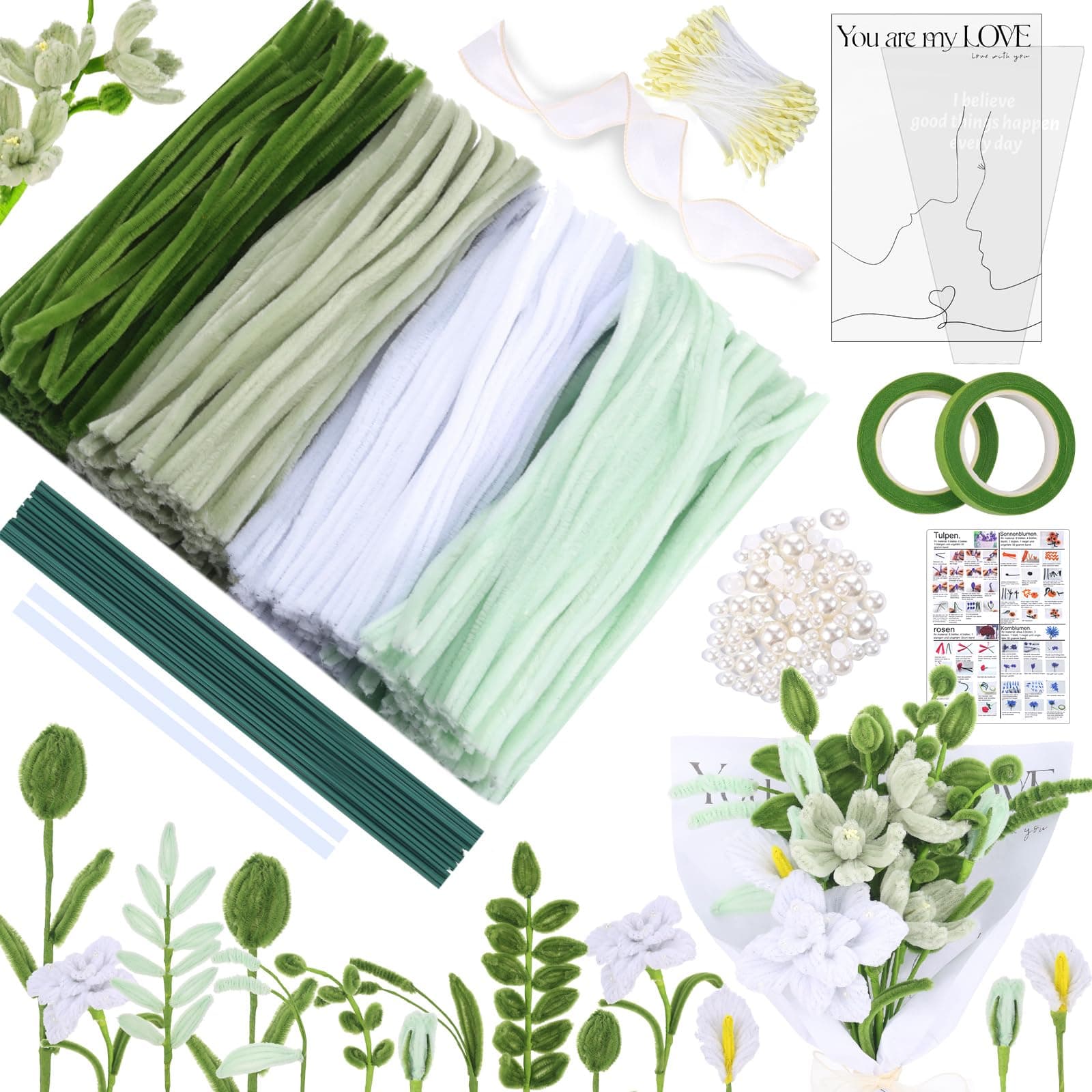 MKLG 435 Stück Pfeifenreiniger Blumen Set, Pfeifenputzer Blumen Zum Basteln, Mit Grüne Blumenstöcke, Klebebandrollen, Klebestifte, Anleitungen, Blumenstraußverpackungen, Bänder (Grün) Grün-1
