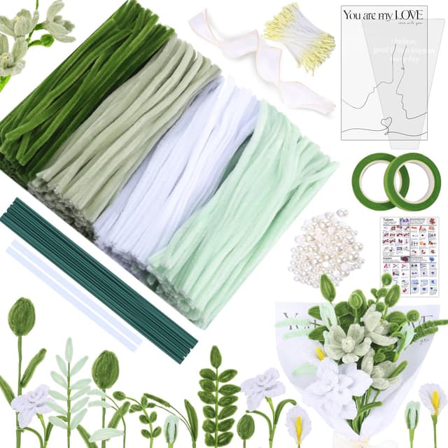 MKLG 435 Stück Pfeifenreiniger Blumen Set, Pfeifenputzer Blumen Zum Basteln, Mit Grüne Blumenstöcke, Klebebandrollen, Klebestifte, Anleitungen, Blumenstraußverpackungen, Bänder (Grün) Grün-1