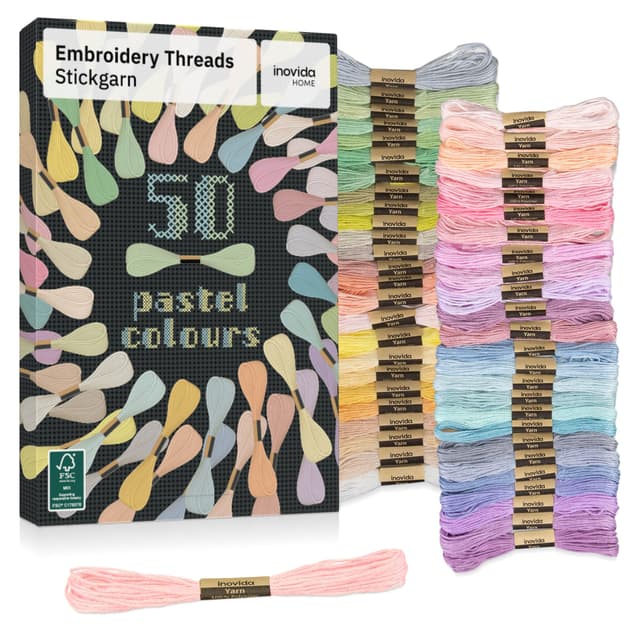 Inovida Stickgarn Set 50 Farben je 5 Meter in Pastell: Pastellfarben Nähgarn Set – Freundschaftsarmbänder selber machen – Sticken, Armband knüpfen, Flechten – Kreuzstich Garn – Embroidery Thread 50 Pastell-Farben
