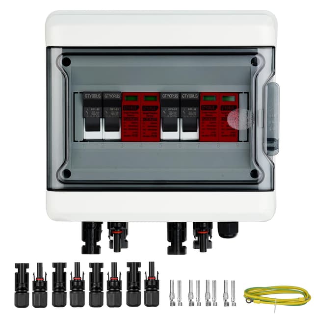 GTYORUS Überspannungsschutz PV Solar Blitzschutz 2P DC 1000V,IP65 Wasserdichtes PV Anschlusskasten DC 1000V 32A Sicherungskasten,2 String 9 Module für PV Anlage Photovoltaik (2 in 2 out) 2 String 2P-Überspannung 40A 1000V mit Sicherung