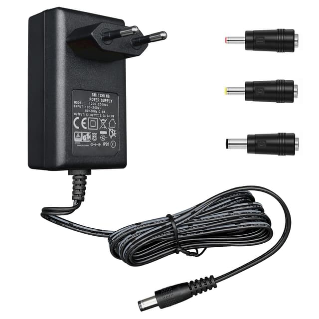 12V 2A/2000mA Netzteiladapter, AC 100-240V 50/60Hz auf DC 12V 2A 24W, 5,5 x 2,1mm Wandladegerät, Mitte positiv, 1,8m langes 20-AWG-Kabel für stabilen und flexiblen Einsatz, 3 Aufsätze enthalten 12V-2A mit 3 Spitzen