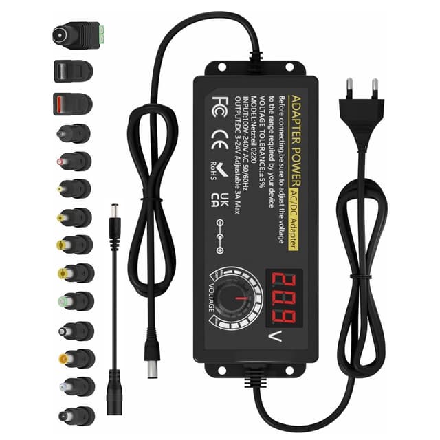 Einstellbares Netzteil 3V-24V Universal Netzteil Adapter 3A 72W Einstellbarer Netzadapter AC/DC 100V-240V mit LED Spannungsanzeige und 5,5x2,5mm 14 Spitzen für Haushaltsgeräte LED Beleuchtung