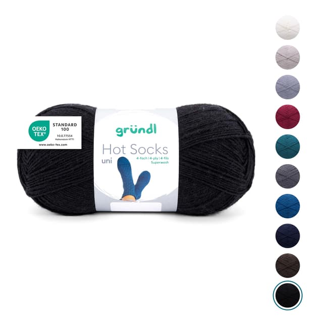 Gründl Wolle Hot Socks uni 100, Sockenwolle/Sockengarn 4-fach 1 Knäuel 100 g / 420 m (75% Schurwolle (superwash), 25% Polyamid) schwarz