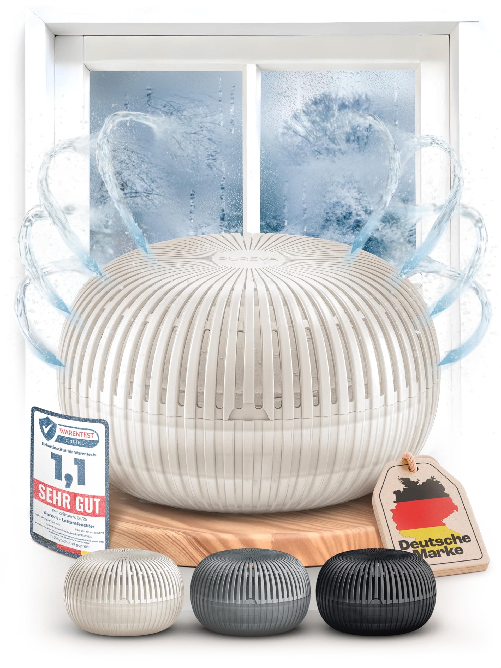 PUREVA Flow Luftentfeuchter ohne Strom bis 25m² [NEUESTE FORMEL] Raumentfeuchter ohne Strom mit 450g Entfeuchter Granulat - Raumluftentfeuchter - Feuchtigkeitsabsorber für ein angenehmes Wohnklima Creme