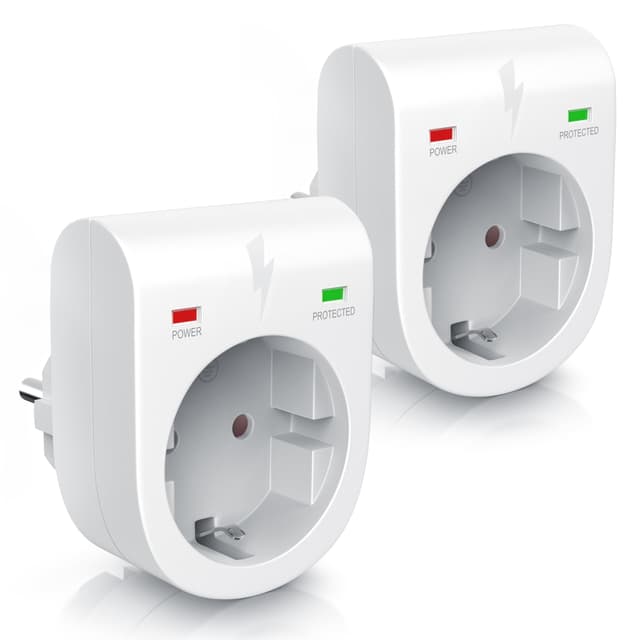 Arendo - 2x Überspannungsschutzadapter - Schuko Schutz-Adapter - Blitzschutz - bis zu 3500 W - IP 20 - integrierter Berührungsschutz - Überspannungsschutz mit LED-Funktionsanzeige - 2er Set B 2x weiß