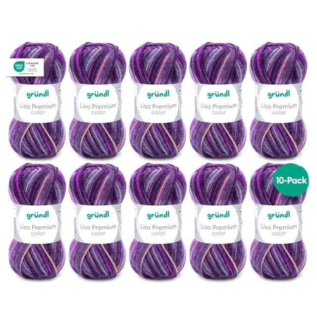 Gründl Wolle Lisa Premium color - Garn zum Stricken mit Farbverlauf - Strickgarn - Häkelgarn - Weich und hautfreundlich - 100 % Polyacryl 10 Knäuel 50 g / 133 m -Nadelstärke 3,5-4,5 - Brombeere-Lila Brombeere-fuchsia-lila