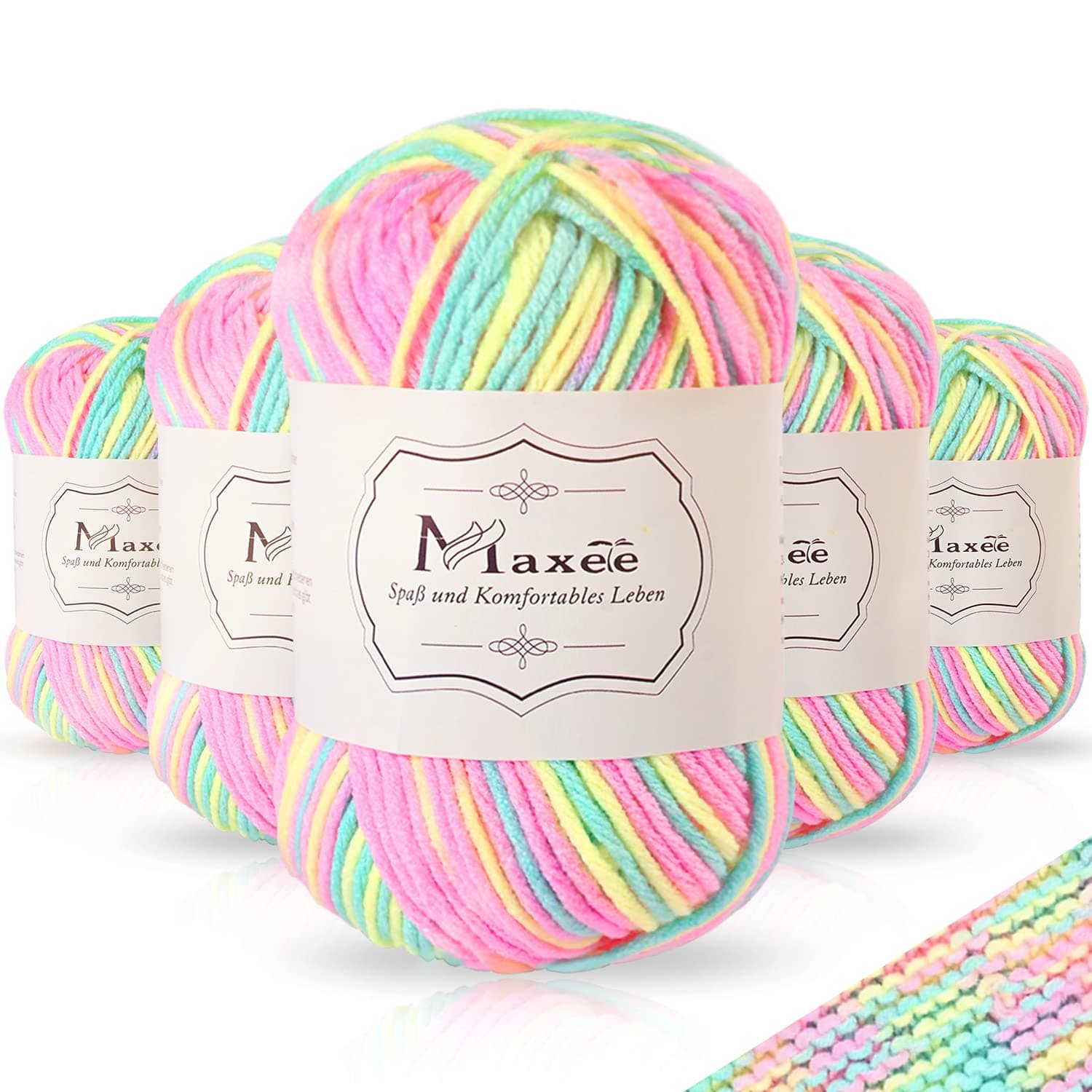 Maxee Handstrickgarn, 5x50 g Häkelgarn, Bunt Farbverlauf Acrylgarn zum Stricken, Weicher Wolle zum Häkeln, Mehrfarbiges Garn zum Stricken Häkeln und Basteln 5 Stück-250g 00-Regenbogen Angebot bei HelloDeals