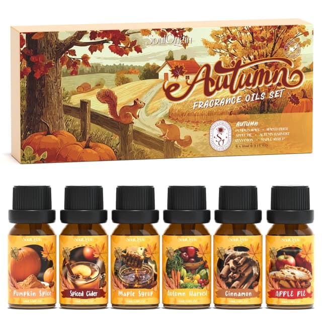 SoulOrigin Herbst ätherische Öle Set, sechs Aromen Duft Öl Set für Öldiffusoren, Seife Kerze machen Dufte 6x10ml - Kürbis Gewürz, Muskatnuss, Apfelkuchen, Herbst Ernte, Ahornsirup und Zimt