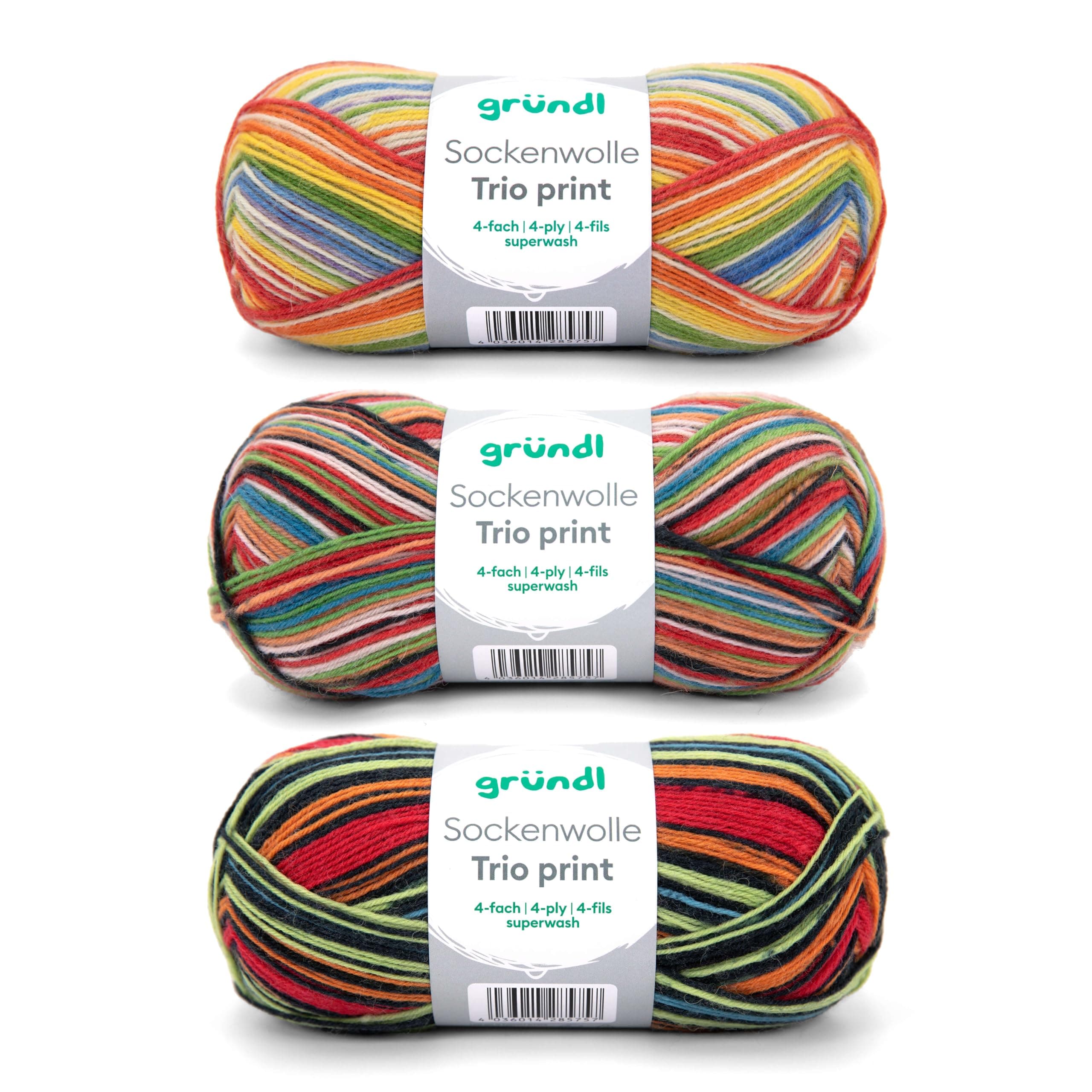 Gründl Wolle Sockenwolle Trio - Strickgarn für 3 Paar Socken - Strapazierfähig und hautfreundlich - 75% Schurwolle, 25% Polyamid - 3 Knäuel 100 g / 420 m - Nadelstärke 2,5-3 - bunte streifen 3 x 100 g bunte streifen