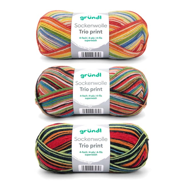 Gründl Wolle Sockenwolle Trio - Strickgarn für 3 Paar Socken - Strapazierfähig und hautfreundlich - 75% Schurwolle, 25% Polyamid - 3 Knäuel 100 g / 420 m - Nadelstärke 2,5-3 - bunte streifen 3 x 100 g bunte streifen