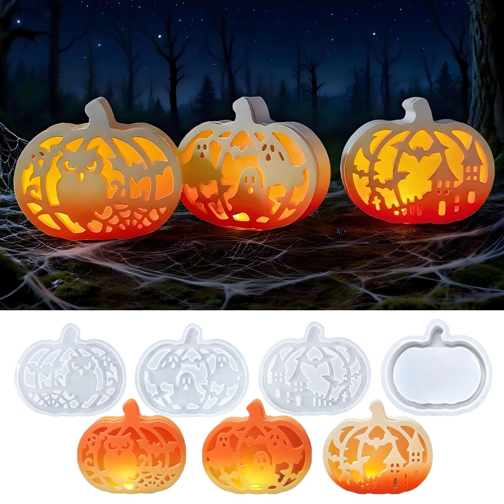 Silikonformen Gießformen Halloween Kürbis, 4PCS Silikonform Kürbis mit Helloween Elemente Muster, Gießformen Silikon Halloween, Silikonform Herbst, Gipsformen zum Gießen für DIY Kürbis Deko (A)