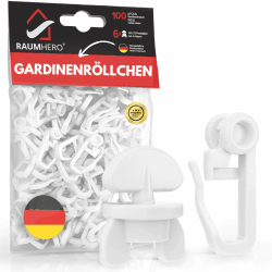 Raumhero Gardinenröllchen für Schiene (Komplettset 100x Gardinenhaken inkl. 6X Stopper) - 8mm Standardmaß Gardinengleiter - Gardinenhaken für Schienen - 100% Made in Germany Angebot bei HelloDeals