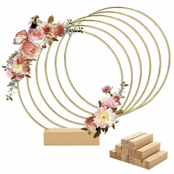 Worown 6 Stück 30cm Metallringe zum Basteln, Metallring mit Fuß, Gold Metallringe mit 6 Stück Holzständern für DIY Hochzeits-Tisch-Dekorationen, Wandhängende Handwerke 30 cm Gold