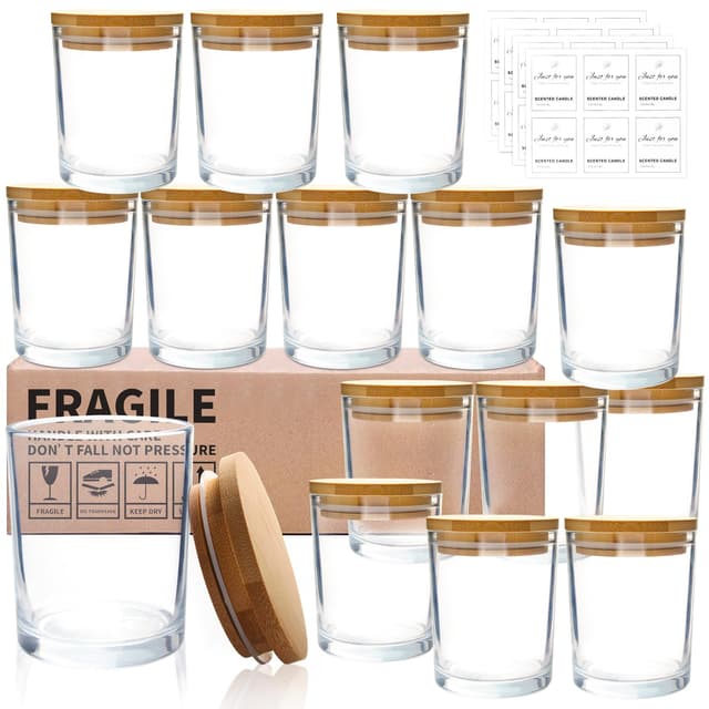CONNOO 15 Stück 200 ml klarem Glas-Kerzengläser für die Herstellung von Kerzen mit luftdichten Bambusdeckeln, schöne klebrige Warnetiketten für die Kerzenherstellung
