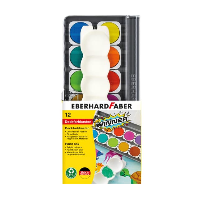 Eberhard Faber 578312 - Wasserfarbkasten Winner, 12 Farben mit Deckweiß und Mischpalette