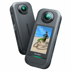 AKASO 360° Action Cam - 5.7K 72MP 360 Grad Actionkamera mit Duale 1/2" 48MP Sensoren, 2.29'' Touchscreen, Unsichtbarer Selfie Stick Effekt, 360° Horizon Lock, AI-Verfolgung, 2 * 1350mAh Akku Standard
