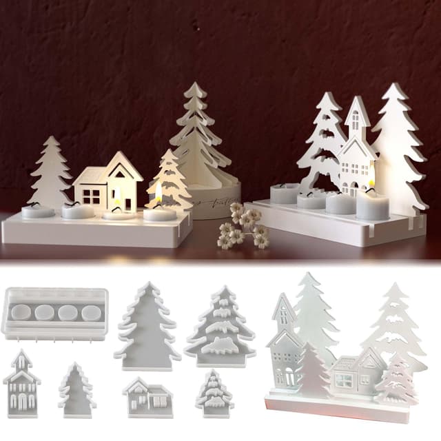 7PCS Silikonformen Gießformen Weihnachten, SVOCK Gießformen Silikon Haus, Weihnachten Kerzenhalter, Gussformen für Gips, Epoxidharz Formen, Gießform Tannenbaum für die DIY Duftkerzenherstellung 7 Silikonformen Gießformen Weihnachten