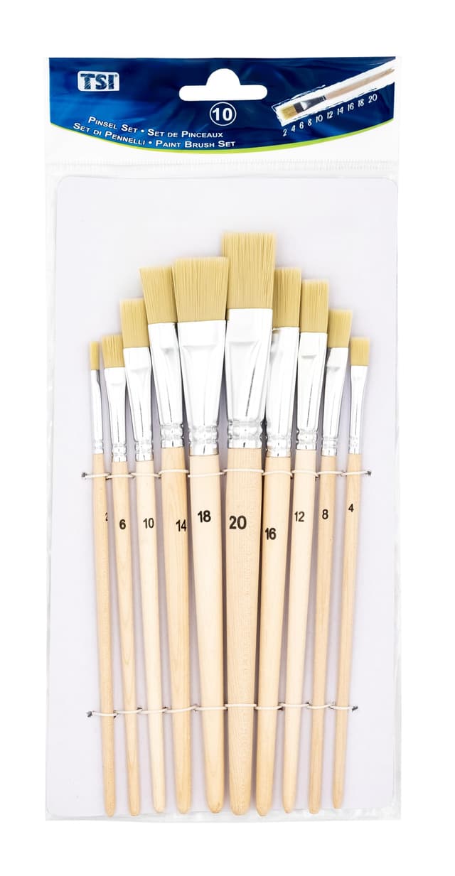 TSI Borstenpinsel-Set 10-teilig (Größen 2,4,6,8,10,12,14,16,18 und 20), Schaft naturbelassen, Art. Nr. 49032