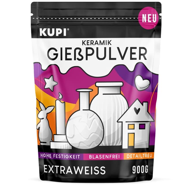 KUPI 0,9kg Gips zum Gießen Lufthärtend & Geruchlos | Keramik Gießpulver Weiß | Gießmasse für Silikonformen | Reliefgießpulver zum Basteln Modellieren Strukturieren weiß 0,9kg