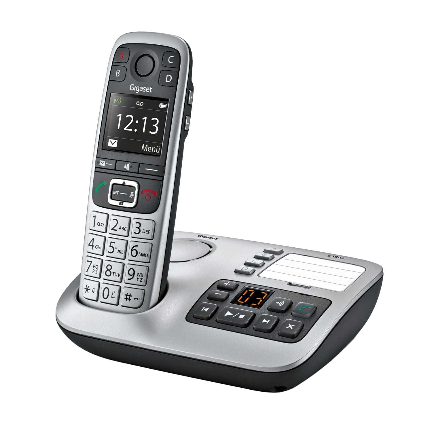 Gigaset E560A - Schnurloses Senioren DECT-Telefon - Mobilteil mit Anrufbeantworter - Farb-Display - Freisprechfunktion, Grosse Tasten, Telefon mit SOS Taste, Analog Telefon, platin [Deutsche Version] 1 Telefon mit AB