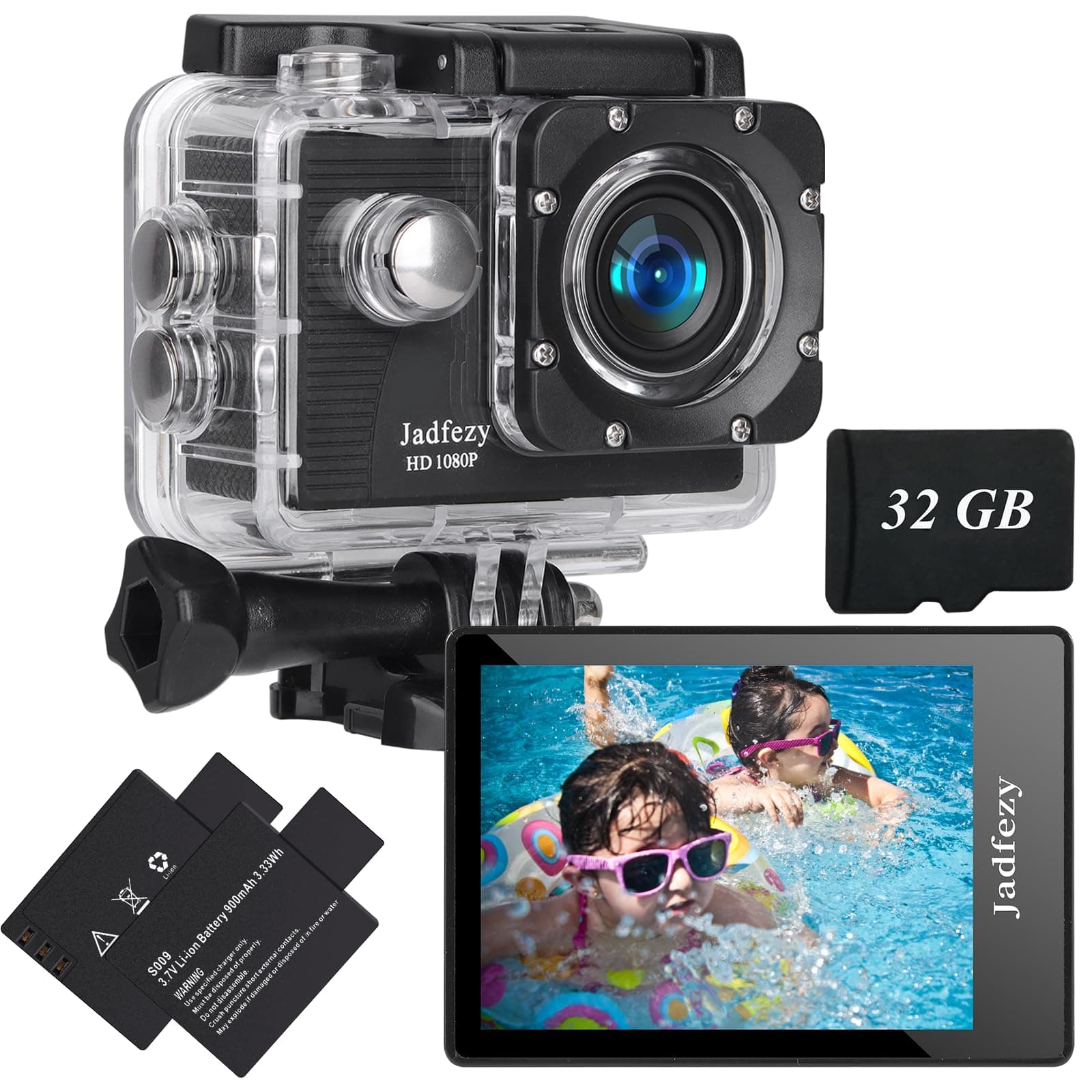 Jadfezy Action Cam FHD 1080P mit 32GB Karte, Unterwasserkamera wasserdicht bis 30M, 140 Grad Weitwinkel Action Kamera mit Zwei 900 mAh wiederaufladbare Akkus und Zubehör-Set (2025 neu) A001 Angebot bei HelloDeals