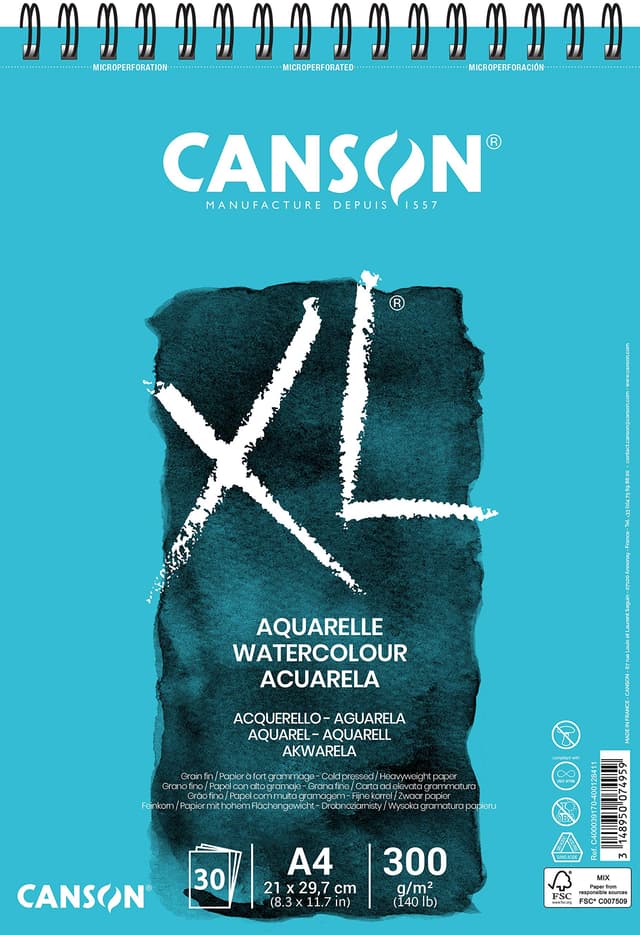 CANSON XL Aquarelle C400039170: Aquarellpapier - Aquarellblock in DIN A4 - 300g - mit Spiralbindung als Ringbuch - Malblock optimal für Wasserfarben & Aquarell, Blau DIN A4 Single