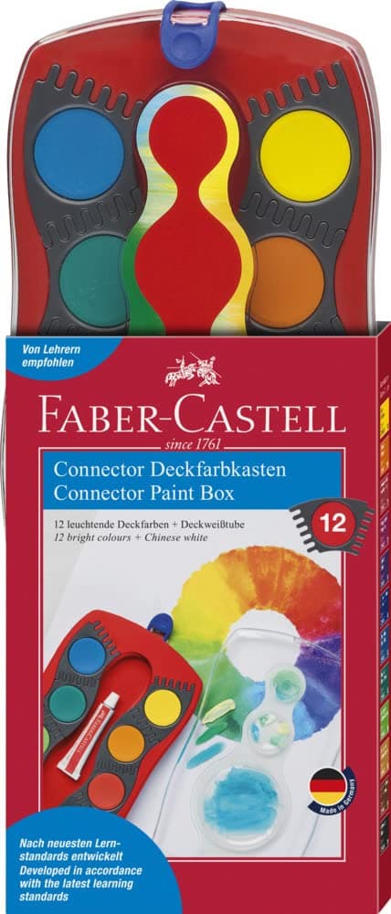 FABER-CASTELL 125030 - Farbkasten CONNECTOR mit 12 Farben, inklusive Deckweiß, Pinselfach und Namensfeld, rot, 1 Stück Farbkasten 12 Farben Rot