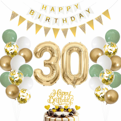 30. Geburtstag Deko Salbeigrüne - Luftballon für Männer und Frauen, Ballon Grün Weiß Gold, Zahl 30 Folienballon, Tortendeko für Dekoration