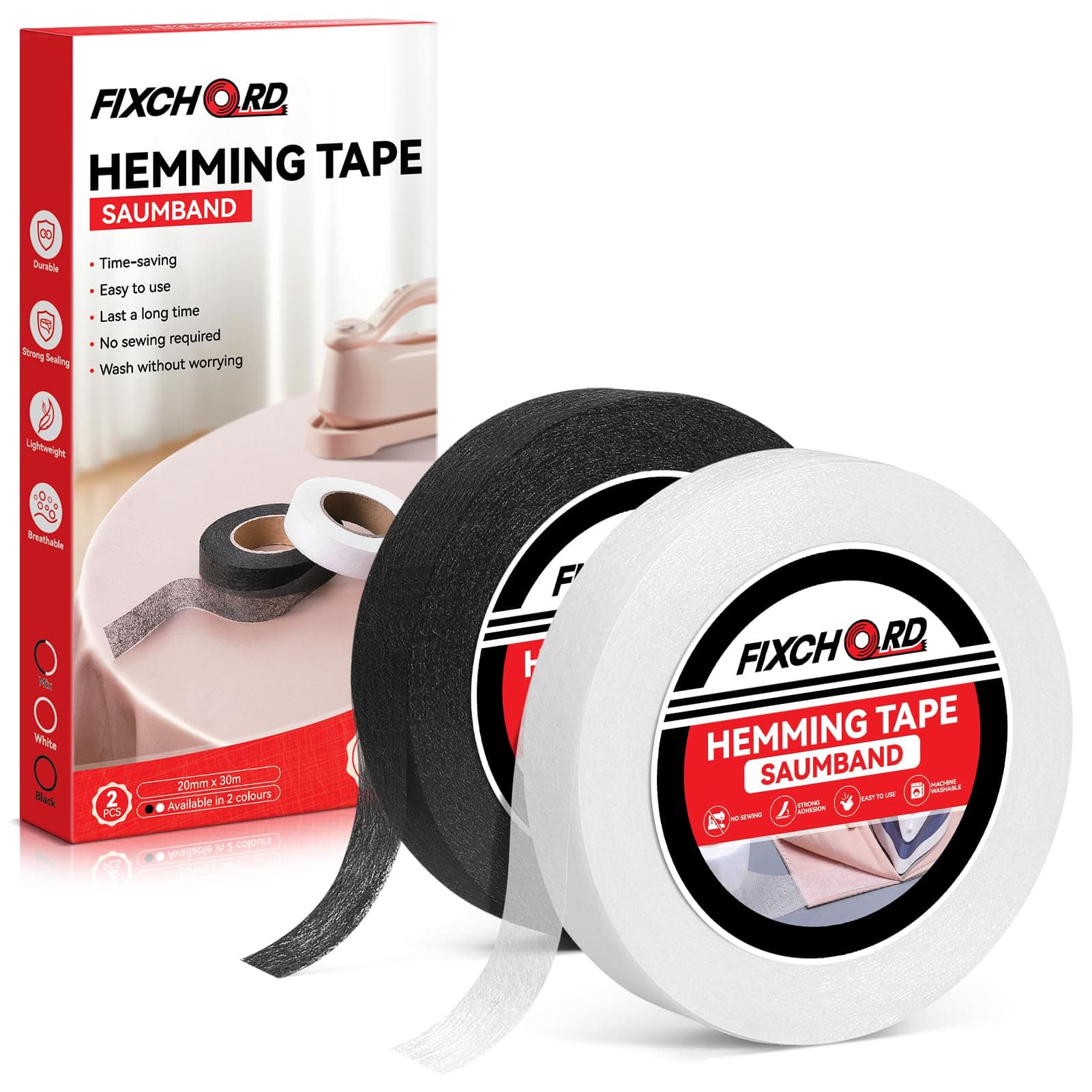 FIXCHORD Saumband, 2PCS Saumband zum Aufbügeln, Bügelband zum Aufbügeln, Bügelband zum Kürzen für Vorhänge, Bügelkleber für Textilien, Gardinen kürzen ohne Nähen, Schwarz und Weiß 30m*20mm Schwarz und Weiß 2 PCS 30m*20mm