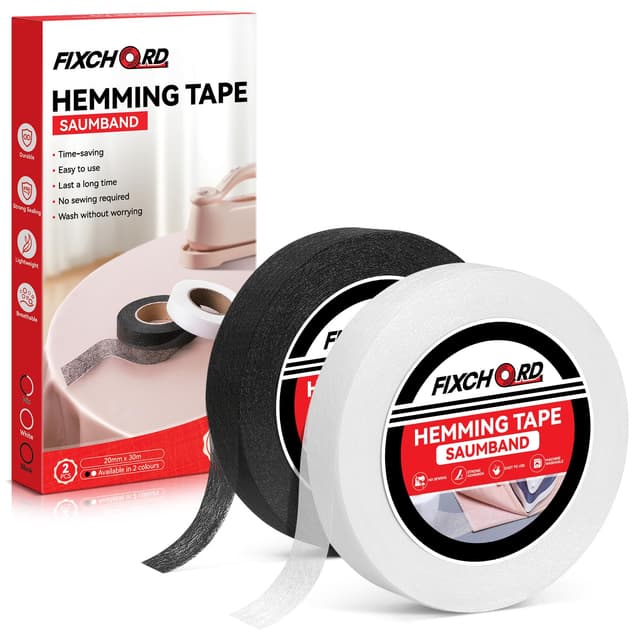 FIXCHORD Saumband, 2PCS Saumband zum Aufbügeln, Bügelband zum Aufbügeln, Bügelband zum Kürzen für Vorhänge, Bügelkleber für Textilien, Gardinen kürzen ohne Nähen, Schwarz und Weiß 30m*20mm Schwarz und Weiß 2 PCS 30m*20mm