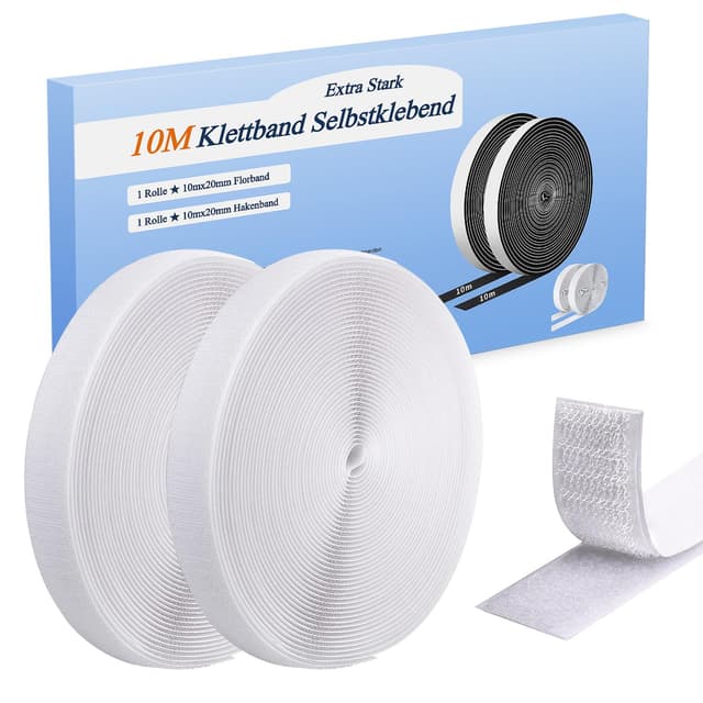 Klettband Selbstklebend Extra Stark 10Mx20mm, Weiß Doppelseitig Klett Mit Klettverschluss Kelbstklebendes, Haken und Loop Band Klebepad Für Fliegengitter, Couch-Kissen weiß 10Mx20mm Weiß