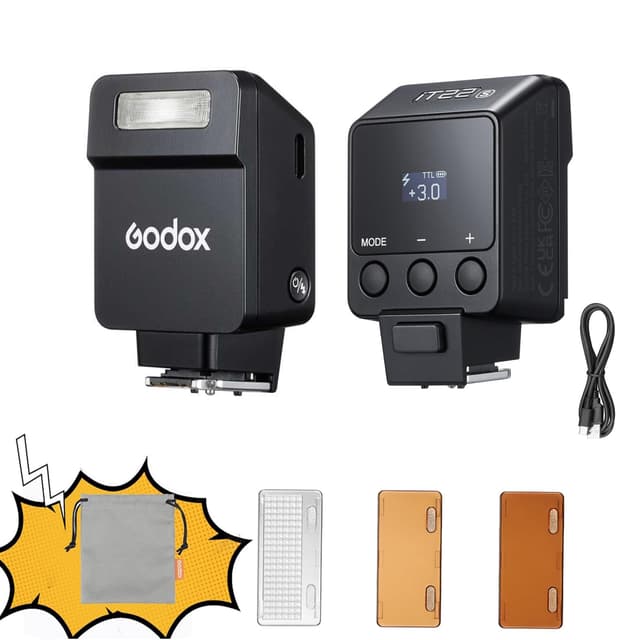 Godox iT22 S Mini TTL Kamera Blitzgerät 700 Blitzzeit, 1,5 s Recyclingzeit mit magnetischen Farbfiltern für Sony Kameras(Schwarz, für Sony) für Sony Schwarz