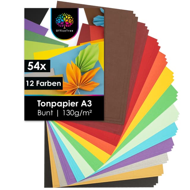 OfficeTree 54 x Tonpapier A3 Bunt - 12 Farben - inkl. 2 Gold- und 2 Silberbögen - Buntes Bastelpapier 130g/m² - Tonkarton zum Basteln und Gestalten