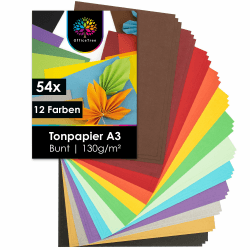 OfficeTree 54 x Tonpapier A3 Bunt - 12 Farben - inkl. 2 Gold- und 2 Silberbögen - Buntes Bastelpapier 130g/m² - Tonkarton zum Basteln und Gestalten Angebot bei HelloDeals