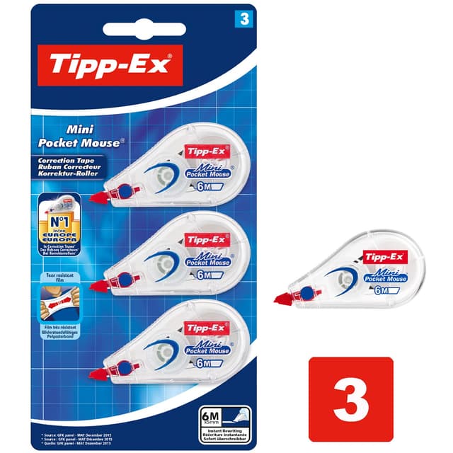 Tipp-Ex Korrekturroller Mini Pocket Mouse, 6m x 5mm, 3er Pack, Ideal für das Büro, das Home Office oder die Schule Single
