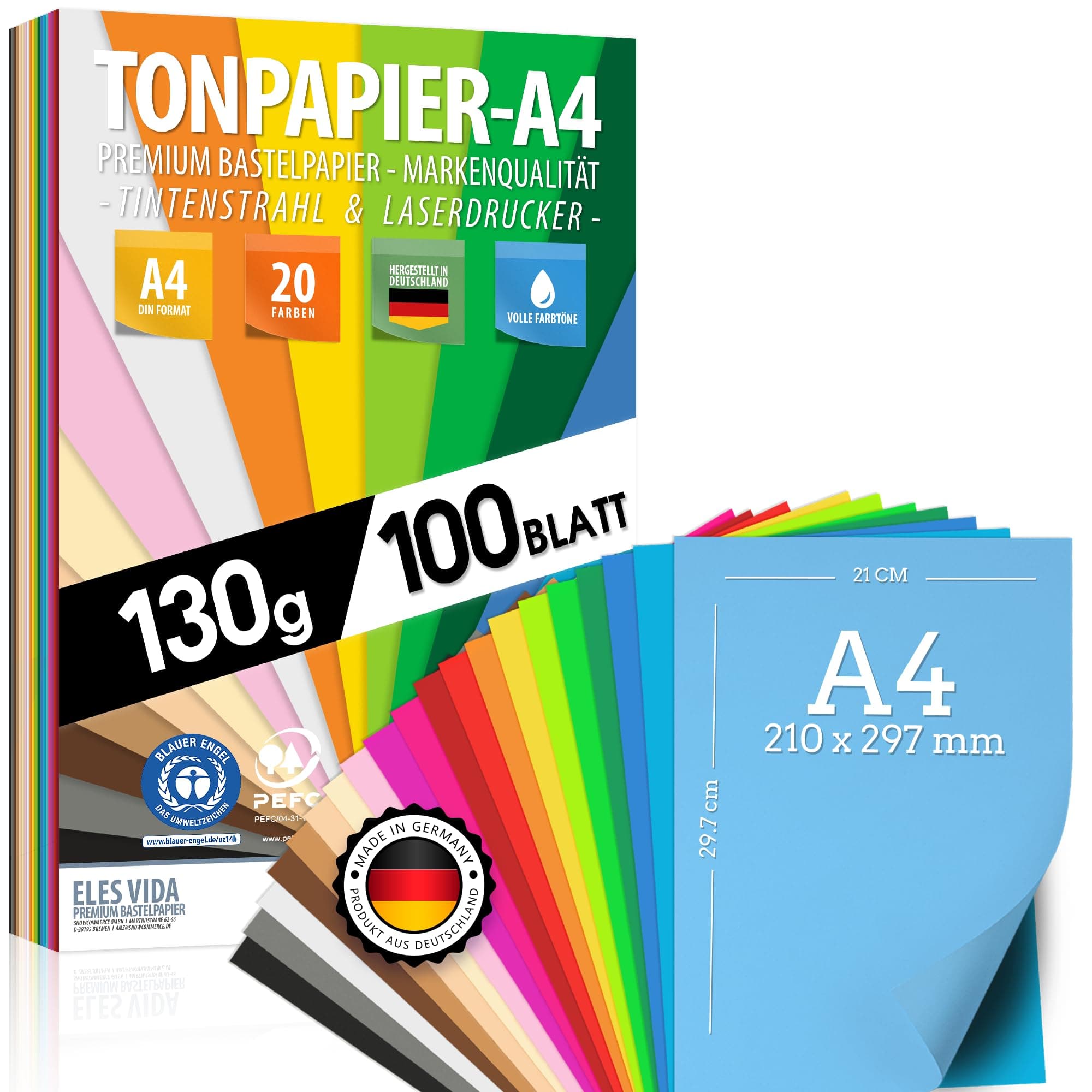 100 Blatt TONPAPIER - Buntes Papier DIN A4-130g/m² Set 20 Farben – Stabil Bastelpapier & Farbige Blätter, Kinder & DIY Bogen, Zubehör zum Basteln - BLAUER ENGEL & PEFC zertifiziert Bunt | 100 Blatt | 20 Farben A4