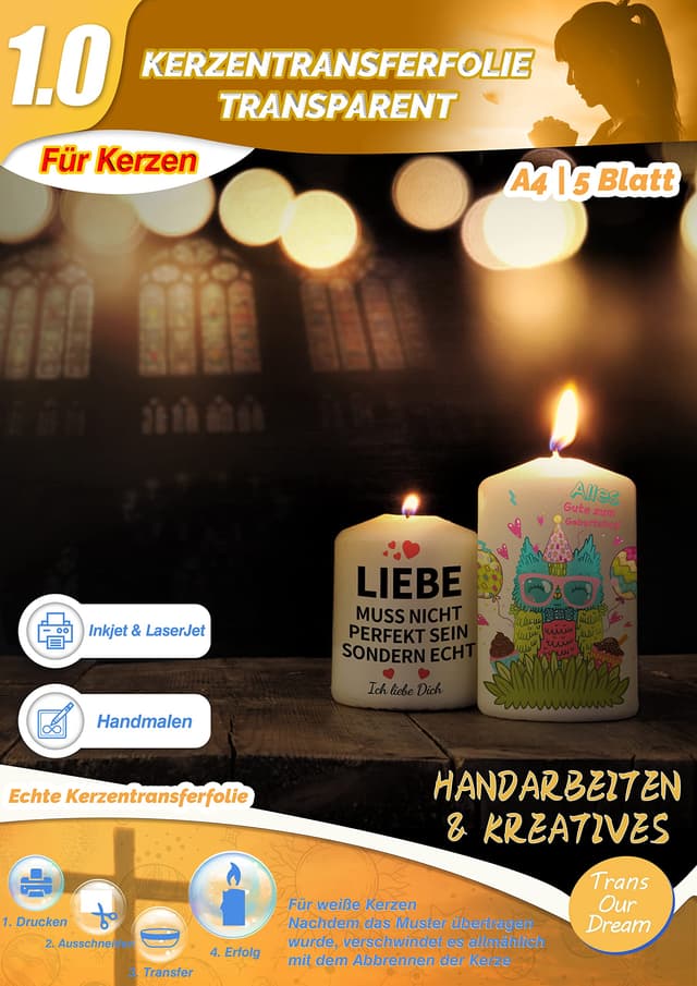 TransOurDream Wasserschiebefolie für Kerzen Taufe,A4X5 Sets,Kerzentransferfolie für Laserdrucker/Tintenstrahldrucker, Kerzensticker Kerzentattoos Tattoofolie Transferfolie,Kerzendekopapier Kerzenfolie-10 Sets Laser&inkjet Transparent