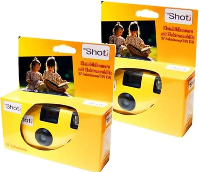 2 x 1A Photo PORST Einwegkamera TopShot gelb/Hochzeitskamera/Partykamera (je 27 Fotos, mit Blitz und Batterien)
