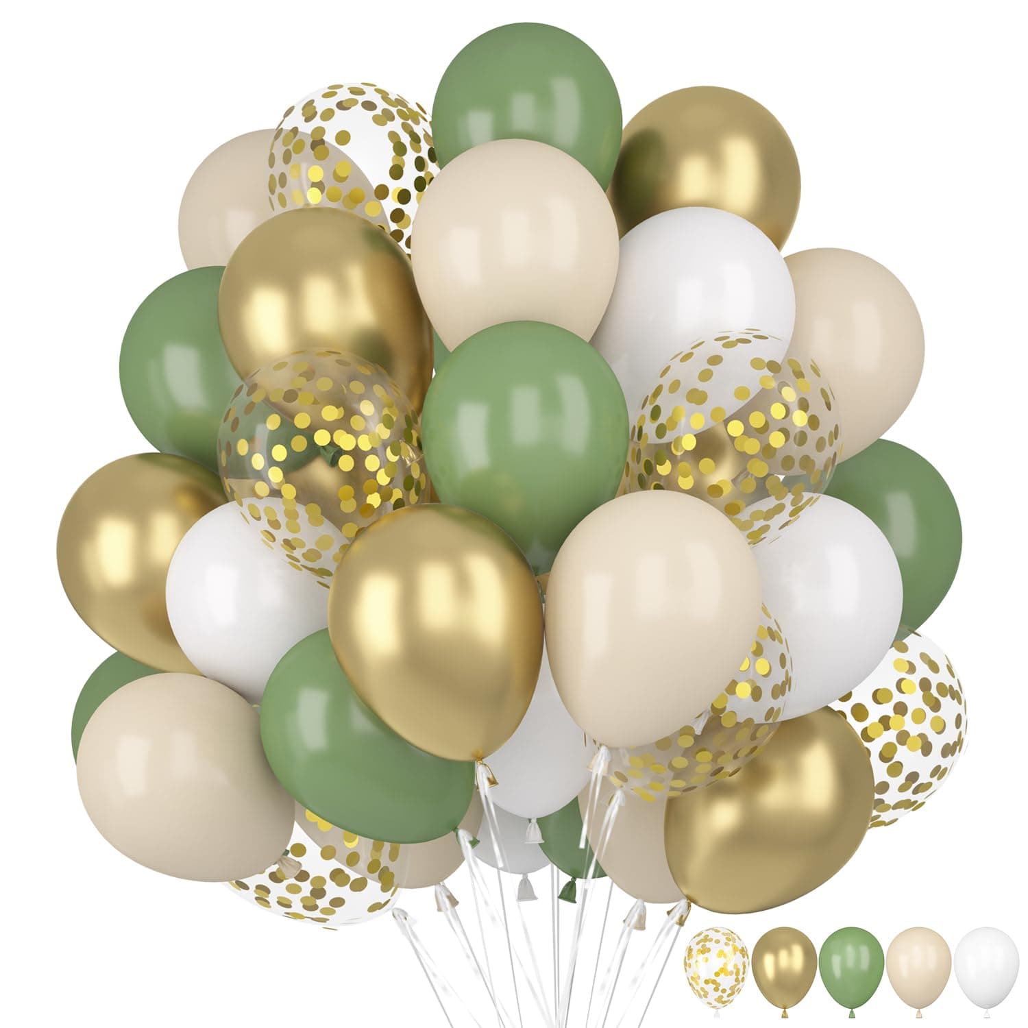 60 Stück Luftballons Grün Gold, Luftballons Salbeigrün Weiß, Luftballons Eukalyptus Grün, Luftballons Geburtstag Grün Weiß Gold Konfetti Latex Ballons für Geburtstag, Hochzeit, Babyparty Dekoration