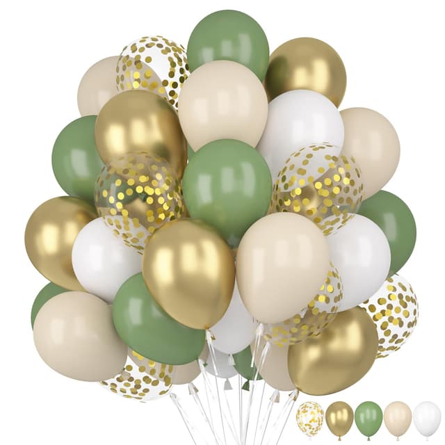60 Stück Luftballons Grün Gold, Luftballons Salbeigrün Weiß, Luftballons Eukalyptus Grün, Luftballons Geburtstag Grün Weiß Gold Konfetti Latex Ballons für Geburtstag, Hochzeit, Babyparty Dekoration