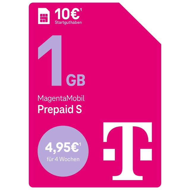 Deutsche Telekom MagentaMobil Prepaid S mit 1 GB Highspeed-Volumen I Surfen mit 5G/ LTE Max & Flat ins Mobilfunknetz (Min., SMS) + 50 Freiminuten in alle Anderen dt. Netze I 10 EUR Startguthaben neu